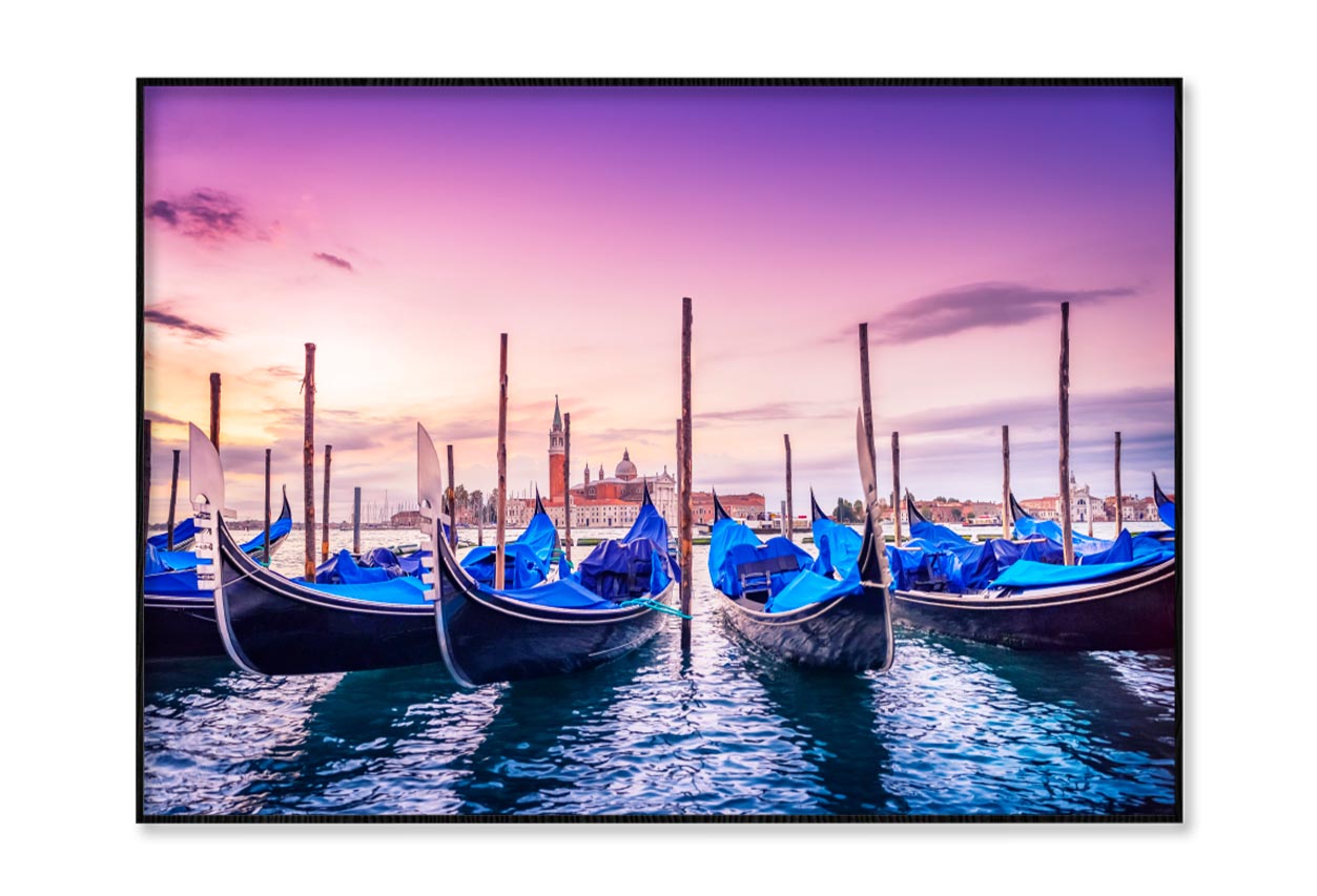 Gondolas Lined Up in The Water at Sunset Home Decor Premium Quality Poster Print Choose Your Sizes