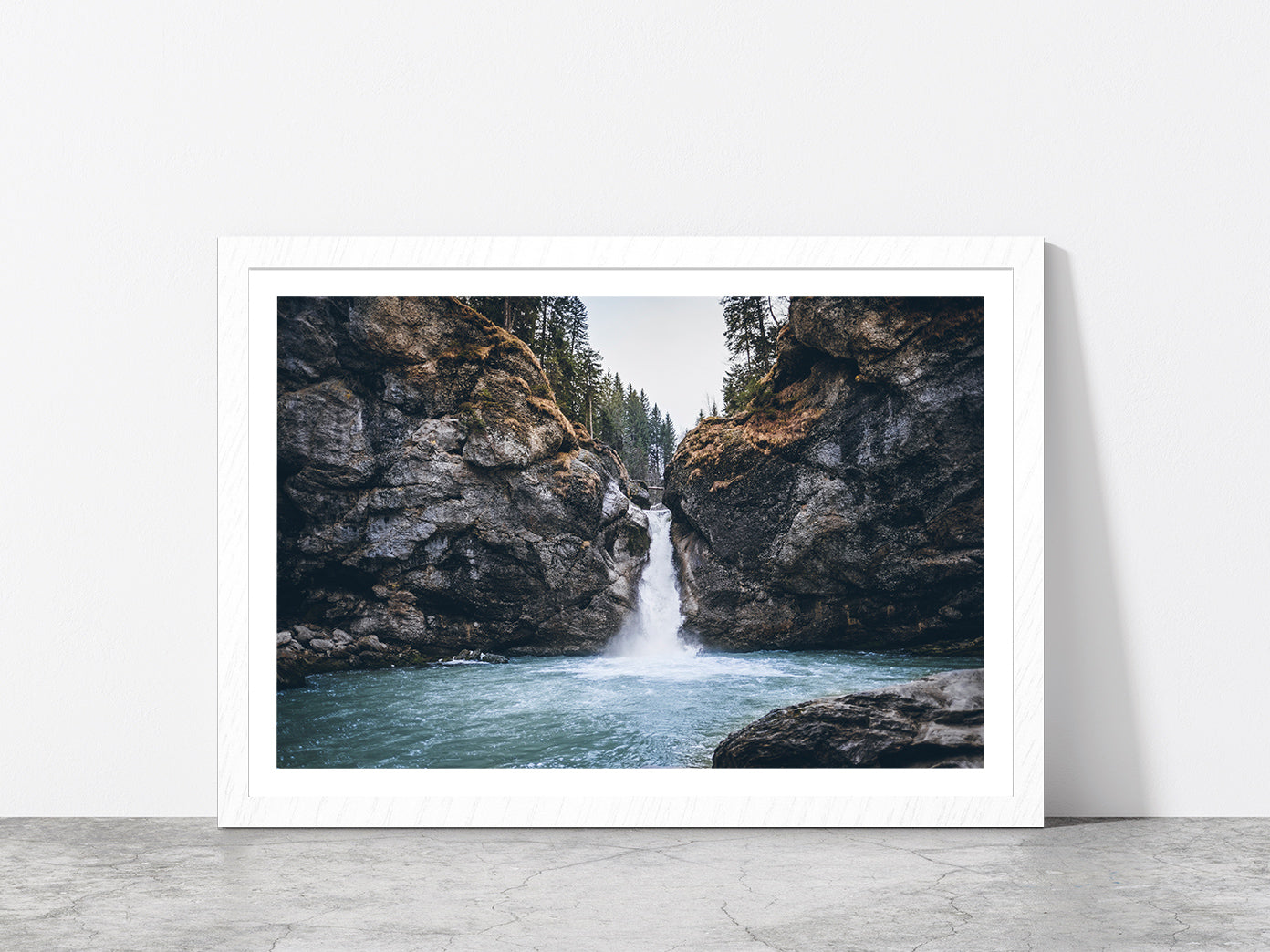 Forest In a Rocky Waterfall Glass Framed Wall Art, Ready to Hang Quality Print With White Border White