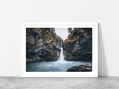 Forest In a Rocky Waterfall Glass Framed Wall Art, Ready to Hang Quality Print With White Border White