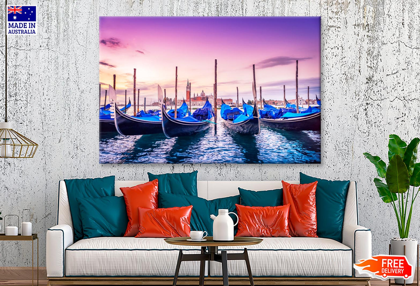 Gondolas Lined Up in The Water at Sunset Wall Art Decor 100% Australian Made