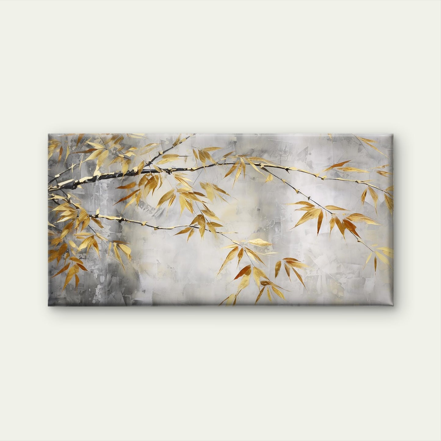 Golden Zen Bamboo Leaf Branch Wall Art Canvas Office Home Room Framed 120x60cm - Bella Home Decor
