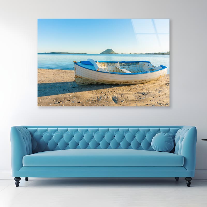Vintage Wooden Clinker Dingy on Foreshore of Bay Acrylic Glass Print Tempered Glass Wall Art 100% Made in Australia Ready to Hang - Bella Home Decor