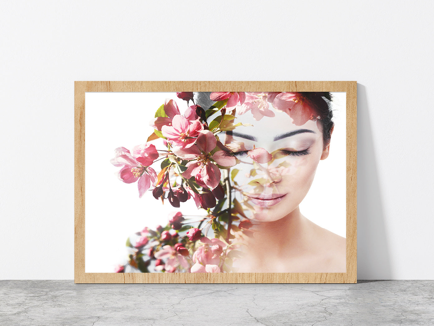 Girl With Flowers Show Nature Glass Framed Wall Art, Ready to Hang Quality Print Without White Border Oak