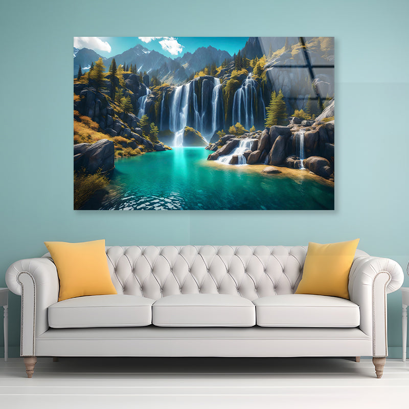 Waterfall, Mountains & Clear Blue Sky Acrylic Glass Print Tempered Glass Wall Art 100% Made in Australia Ready to Hang - Bella Home Decor