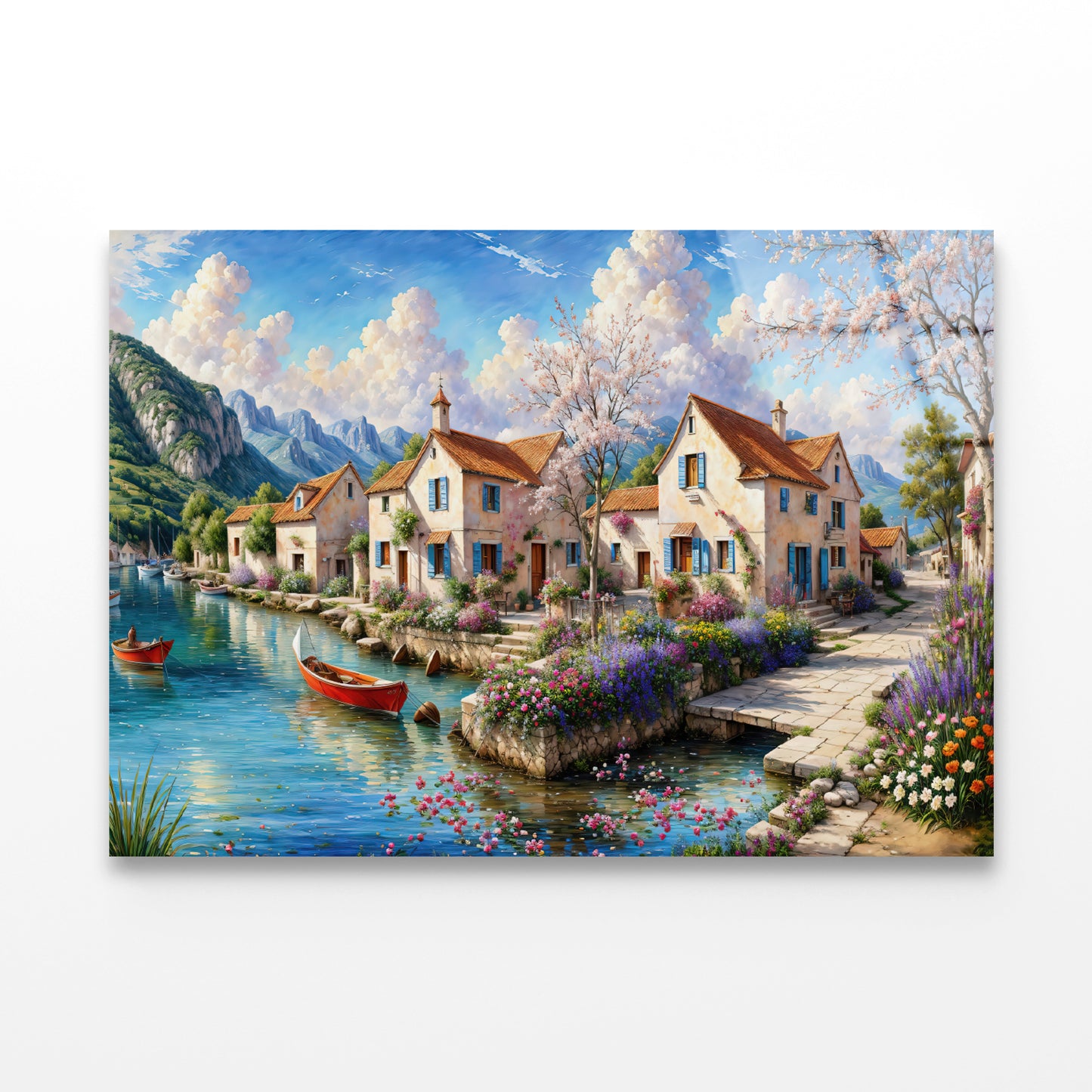 Oil Painting of a Small Town with Mountains Acrylic Glass Print Tempered Glass Wall Art 100% Made in Australia Ready to Hang