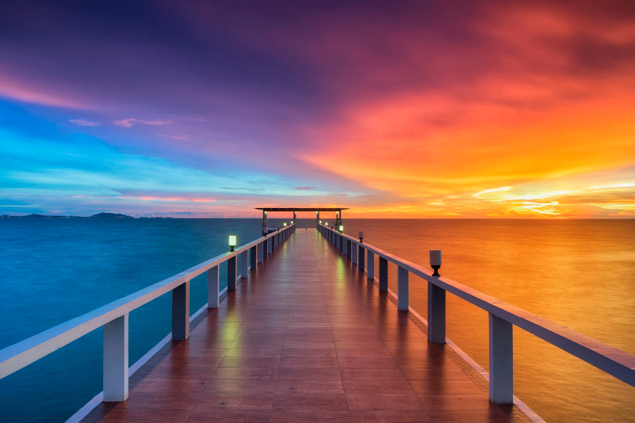 Landscape Of Wooded Bridge in The Port Between Sunrise Acrylic Glass Print Tempered Glass Wall Art 100% Made in Australia Ready to Hang