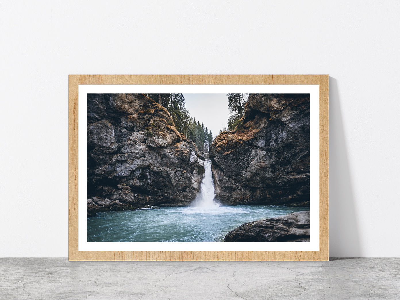 Forest In a Rocky Waterfall Glass Framed Wall Art, Ready to Hang Quality Print With White Border Oak