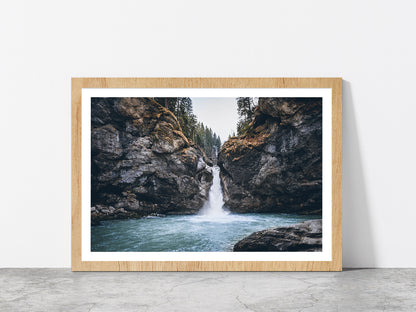 Forest In a Rocky Waterfall Glass Framed Wall Art, Ready to Hang Quality Print With White Border Oak