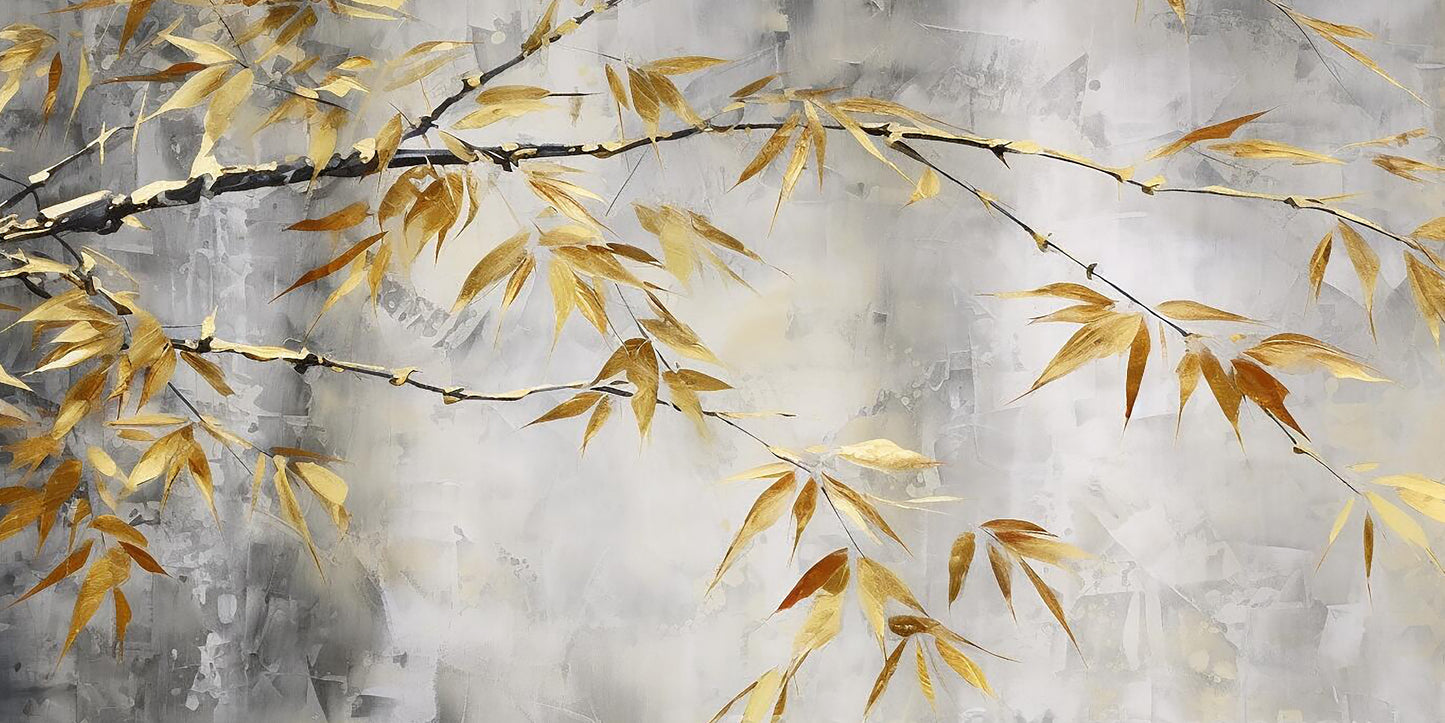 Golden Zen Bamboo Leaf Branch Wall Art Canvas Office Home Room Framed 120x60cm - Bella Home Decor