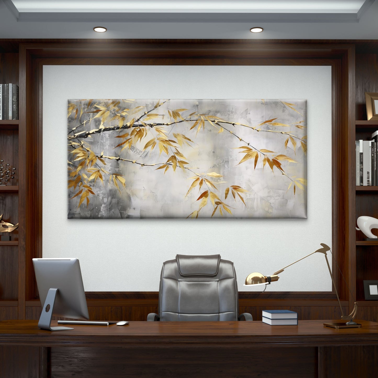 Golden Zen Bamboo Leaf Branch Wall Art Canvas Office Home Room Framed 120x60cm - Bella Home Decor