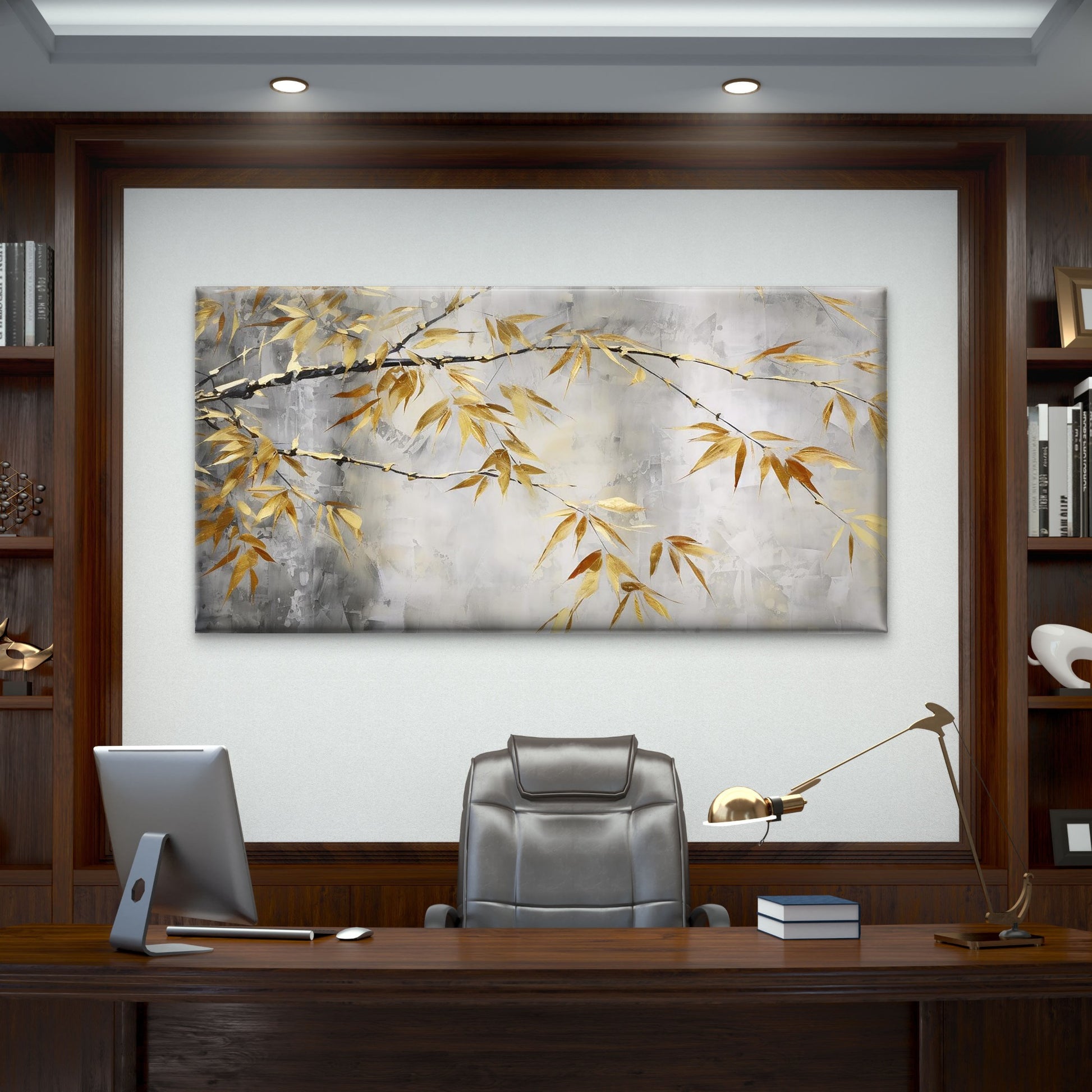 Golden Zen Bamboo Leaf Branch Wall Art Canvas Office Home Room Framed 120x60cm - Bella Home Decor