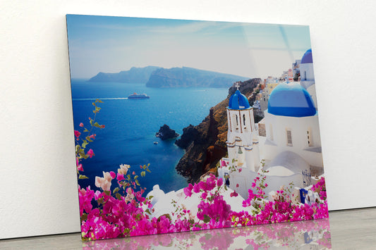 Bougainvillea in the Oia of Coast Acrylic Glass Print Tempered Glass Wall Art 100% Made in Australia Ready to Hang