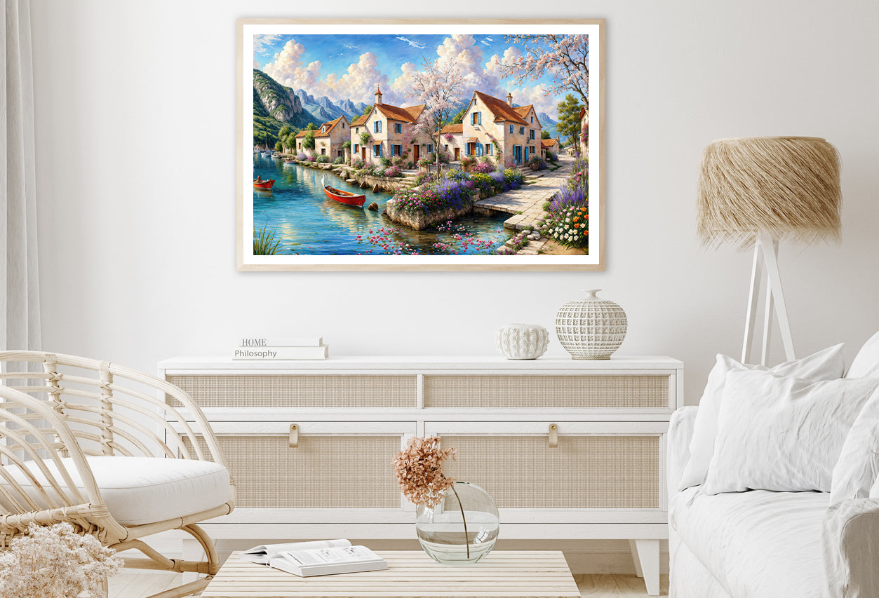 Oil Painting of a Small Town with Mountains Home Decor Premium Quality Poster Print Choose Your Sizes