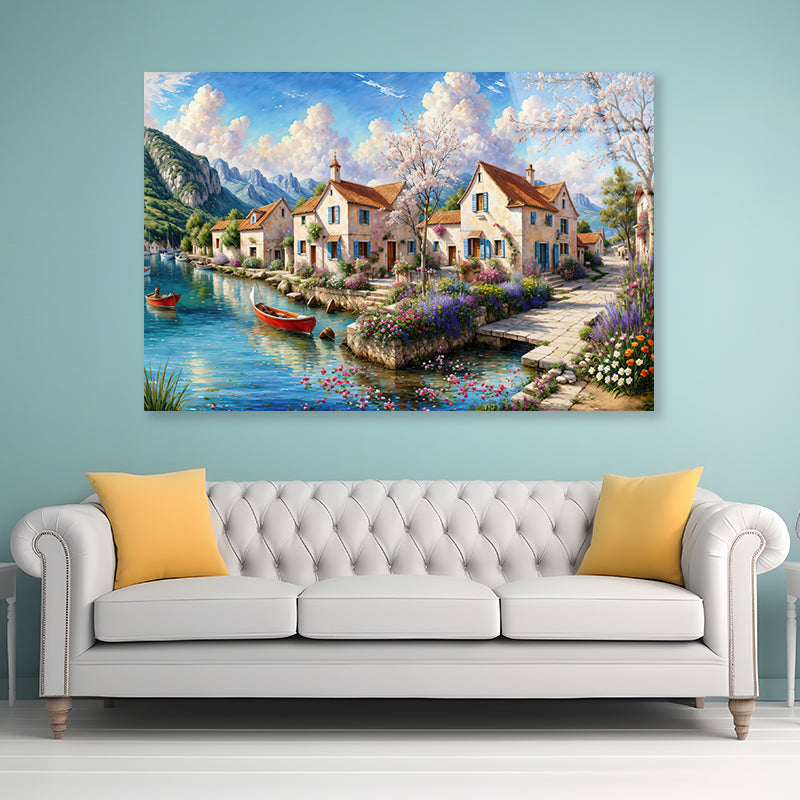 Oil Painting of a Small Town with Mountains Acrylic Glass Print Tempered Glass Wall Art 100% Made in Australia Ready to Hang