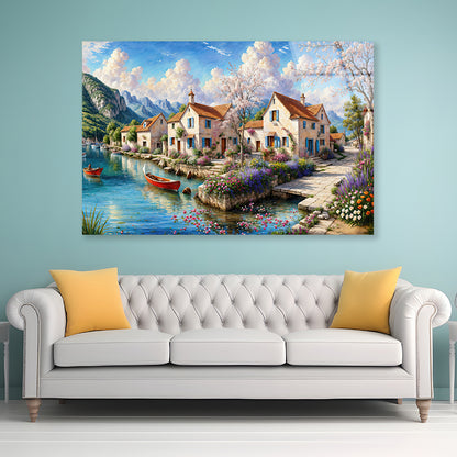 Oil Painting of a Small Town with Mountains Acrylic Glass Print Tempered Glass Wall Art 100% Made in Australia Ready to Hang
