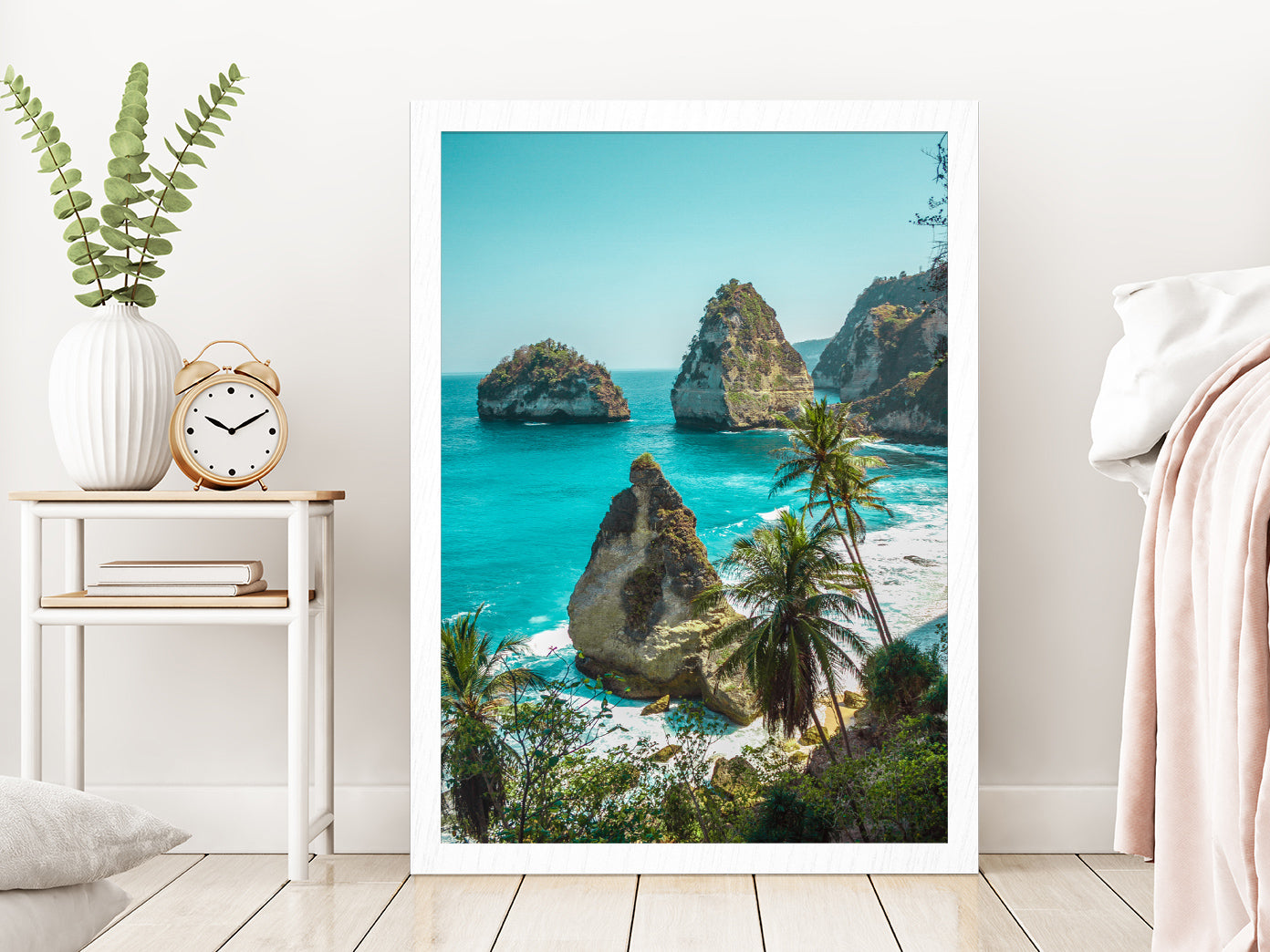 Deserted Beach Photograph Nusa Penida Island Glass Framed Wall Art, Ready to Hang Quality Print Without White Border White