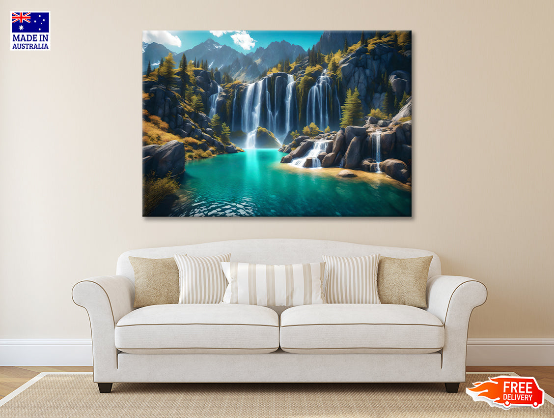 Waterfall, Mountains & Clear Blue Sky Print 100% Australian Made - Bella Home Decor