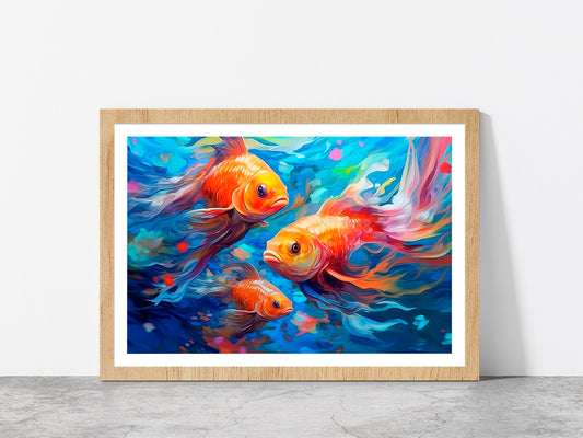 Underwater World With Beautiful Fishes Glass Framed Wall Art, Ready to Hang Quality Print With White Border Oak