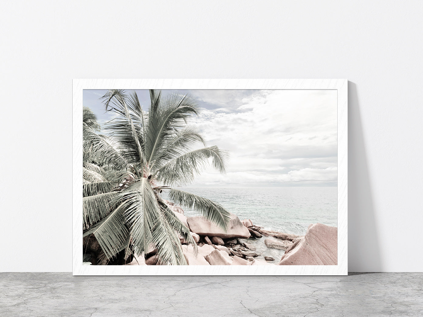 Palm Tree & Rocks near Sea View Photograph Glass Framed Wall Art, Ready to Hang Quality Print Without White Border White