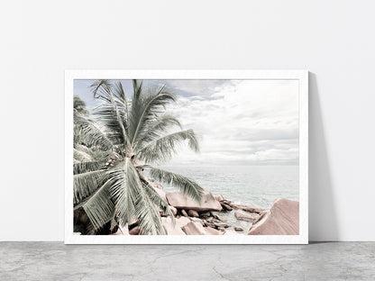 Palm Tree & Rocks near Sea View Photograph Glass Framed Wall Art, Ready to Hang Quality Print Without White Border White