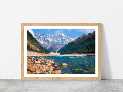 Yumthang Valley With River Teesta Glass Framed Wall Art, Ready to Hang Quality Print With White Border Oak