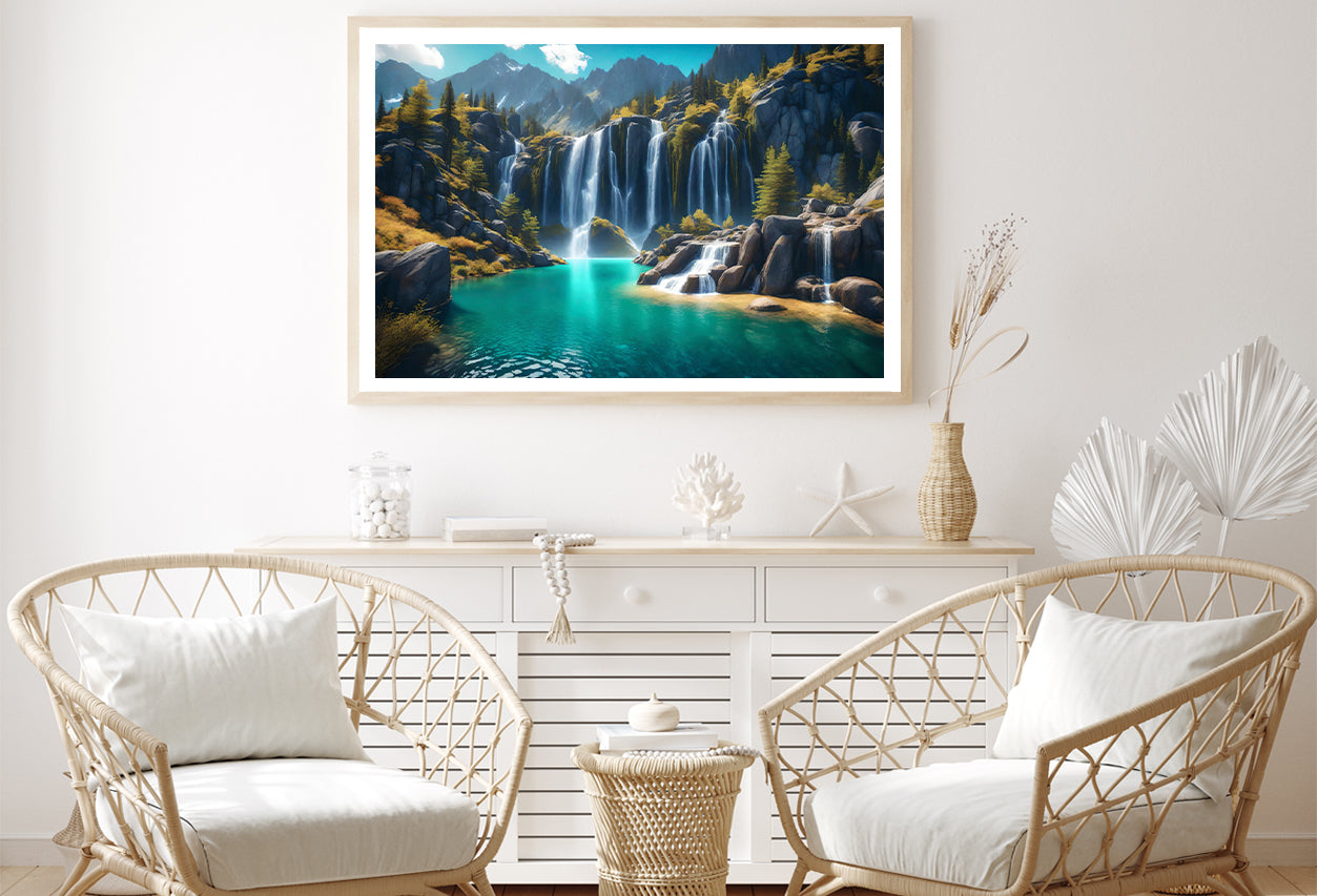 Waterfall, Mountains & Clear Blue Sky Home Decor Premium Quality Poster Print Choose Your Sizes - Bella Home Decor