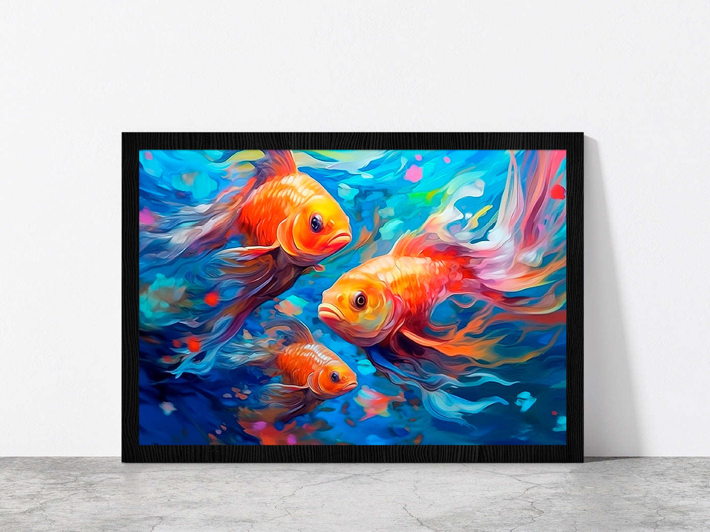 Underwater World With Beautiful Fishes Glass Framed Wall Art, Ready to Hang Quality Print Without White Border Black