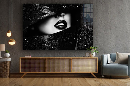 B&W Girl with Hat Lips UV Direct Aluminum Print Australian Made Quality