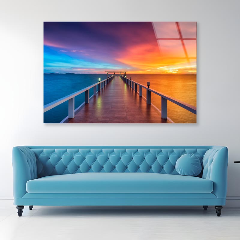 Landscape Of Wooded Bridge in The Port Between Sunrise Acrylic Glass Print Tempered Glass Wall Art 100% Made in Australia Ready to Hang