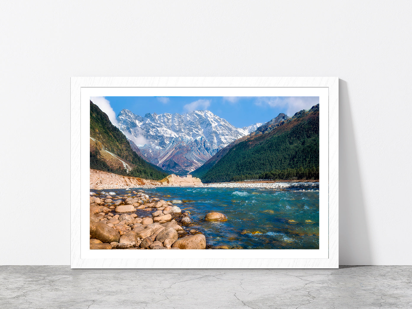 Yumthang Valley With River Teesta Glass Framed Wall Art, Ready to Hang Quality Print With White Border White