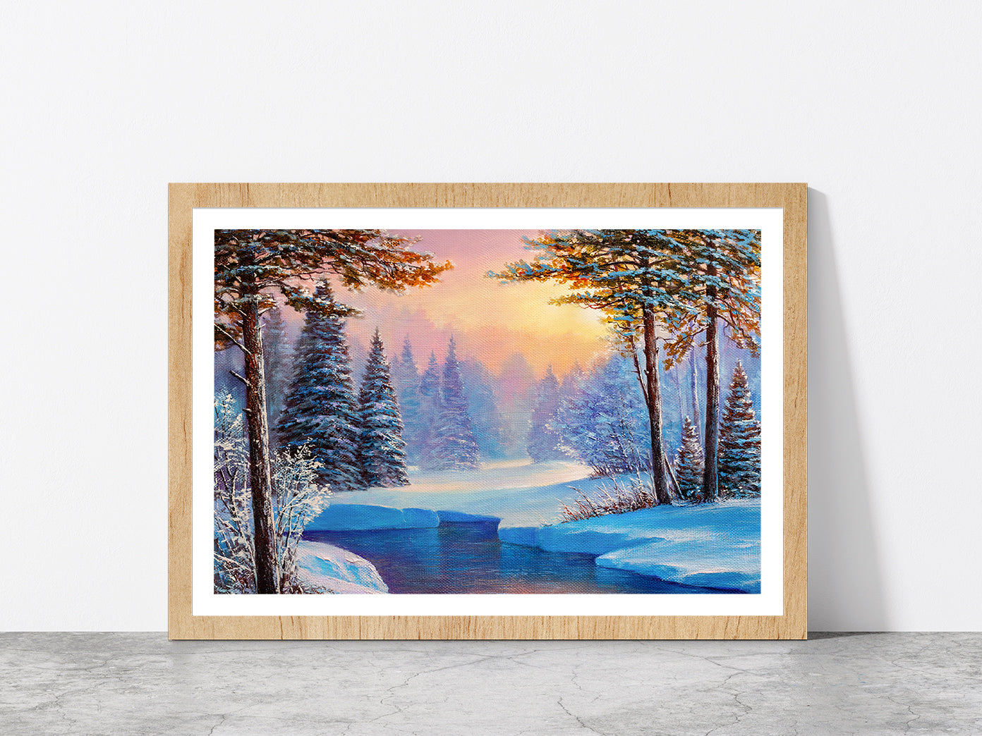 Winter Landscape With The River Glass Framed Wall Art, Ready to Hang Quality Print With White Border Oak