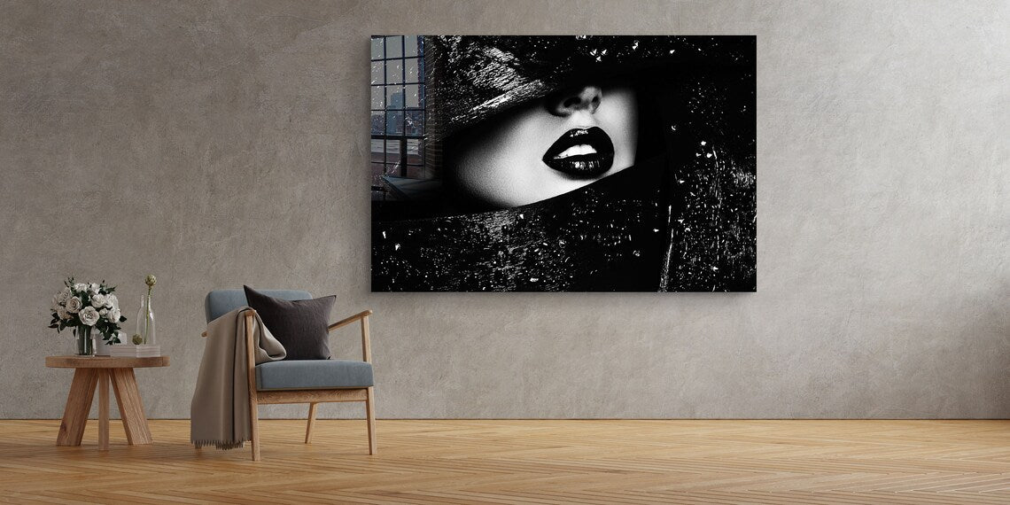 B&W Girl with Hat Lips UV Direct Aluminum Print Australian Made Quality