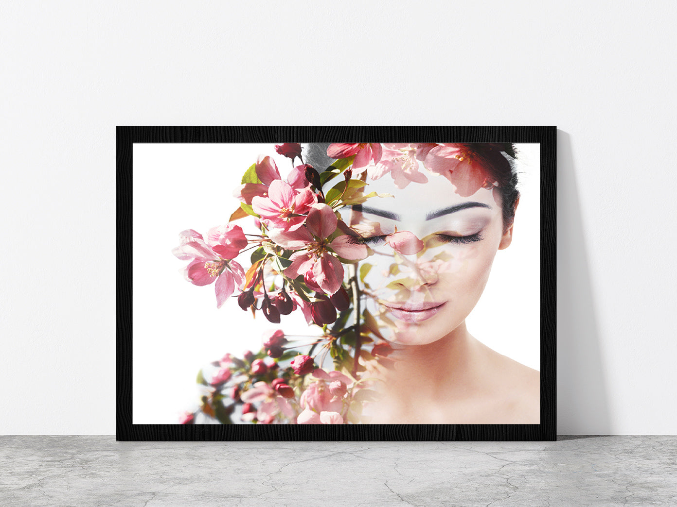 Girl With Flowers Show Nature Glass Framed Wall Art, Ready to Hang Quality Print Without White Border Black