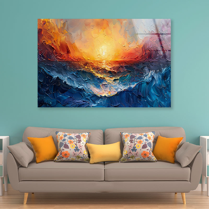 Ocean with Sunset Painting Acrylic Glass Print Tempered Glass Wall Art 100% Made in Australia Ready to Hang - Bella Home Decor
