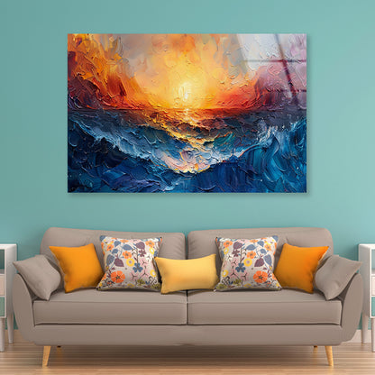 Ocean with Sunset Painting Acrylic Glass Print Tempered Glass Wall Art 100% Made in Australia Ready to Hang - Bella Home Decor