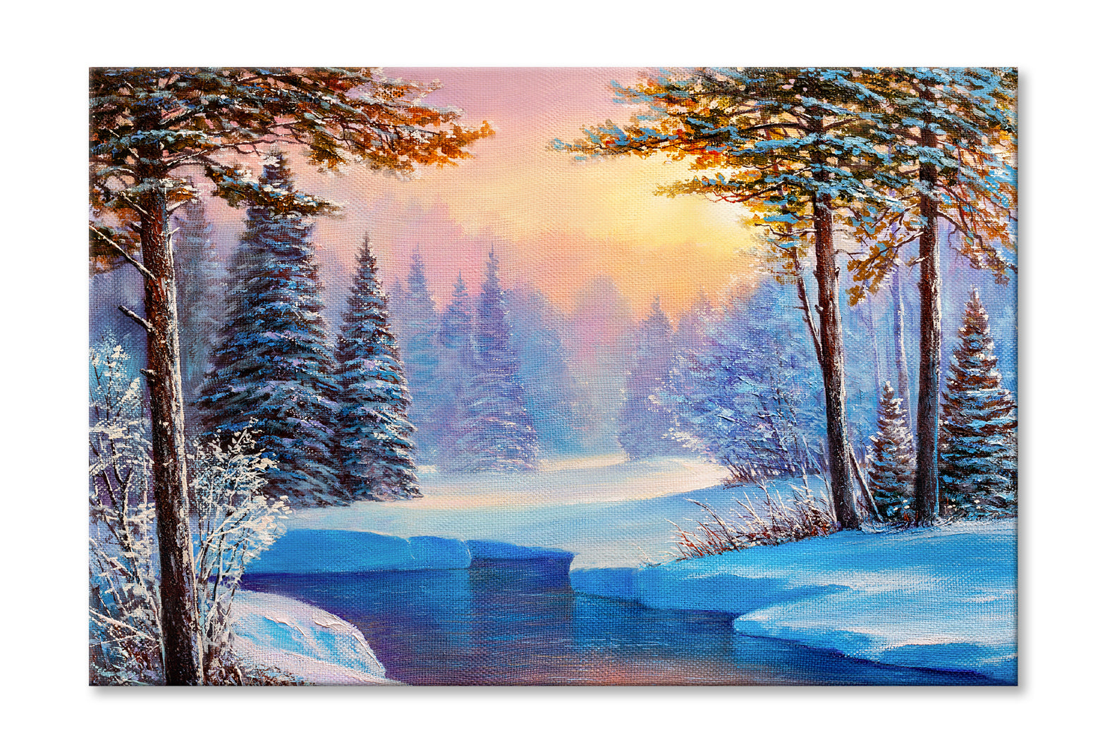 Winter Landscape With The River Oil Painting Wall Art Limited Edition High Quality Print Stretched Canvas None