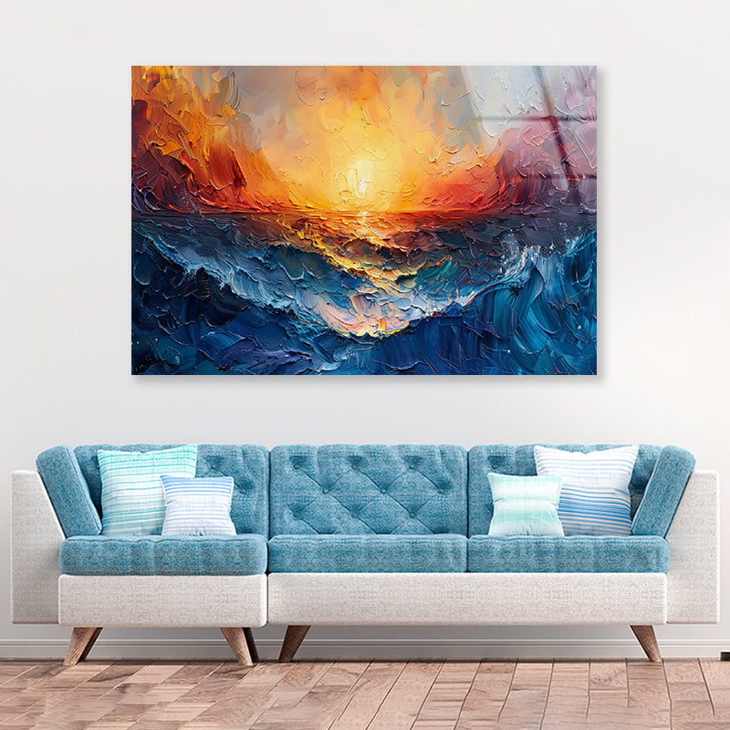 Ocean with Sunset Painting Acrylic Glass Print Tempered Glass Wall Art 100% Made in Australia Ready to Hang - Bella Home Decor