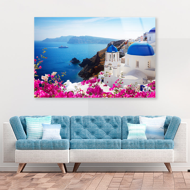 Bougainvillea in the Oia of Coast Acrylic Glass Print Tempered Glass Wall Art 100% Made in Australia Ready to Hang