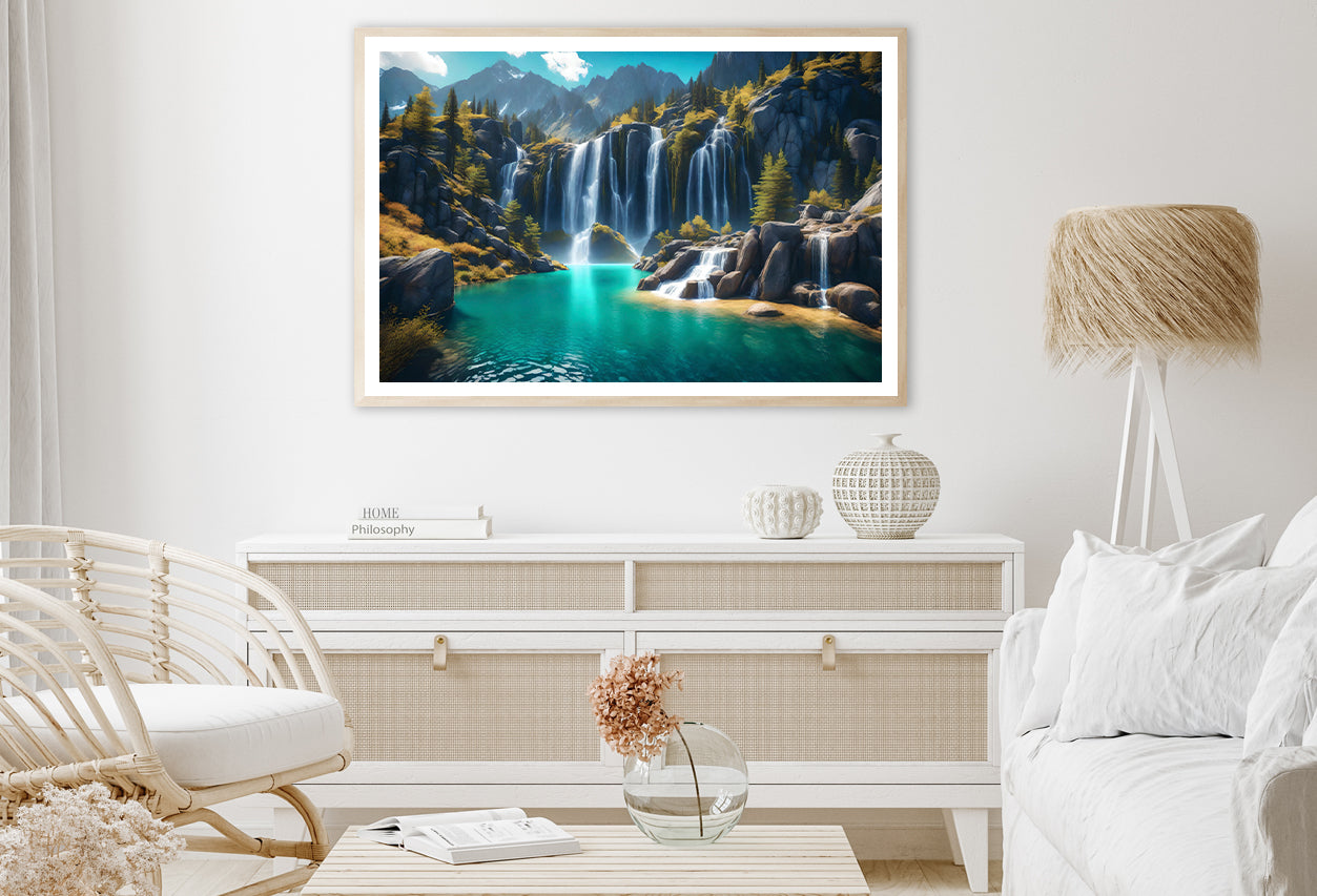 Waterfall, Mountains & Clear Blue Sky Home Decor Premium Quality Poster Print Choose Your Sizes - Bella Home Decor