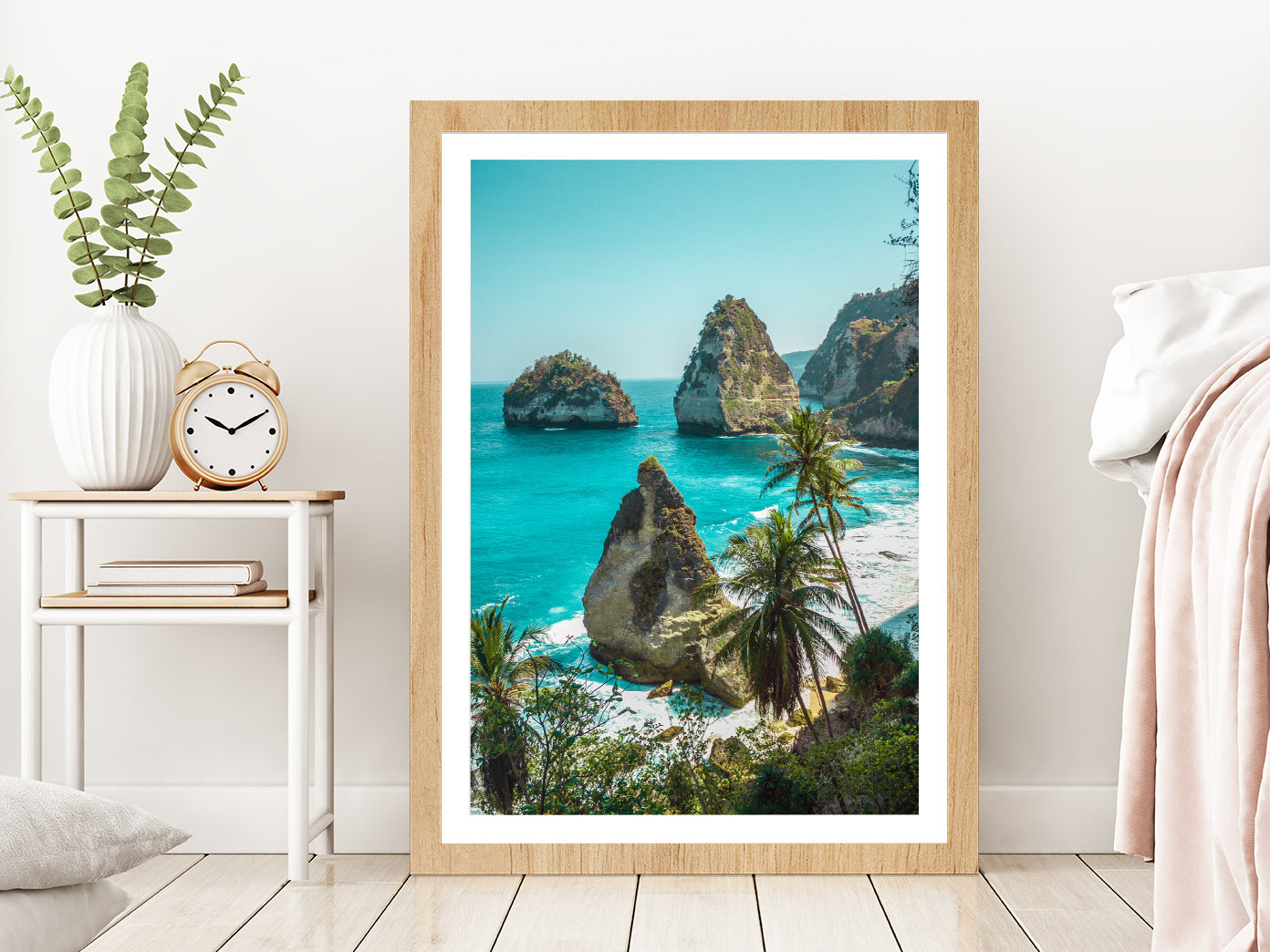 Deserted Beach Photograph Nusa Penida Island Glass Framed Wall Art, Ready to Hang Quality Print With White Border Oak