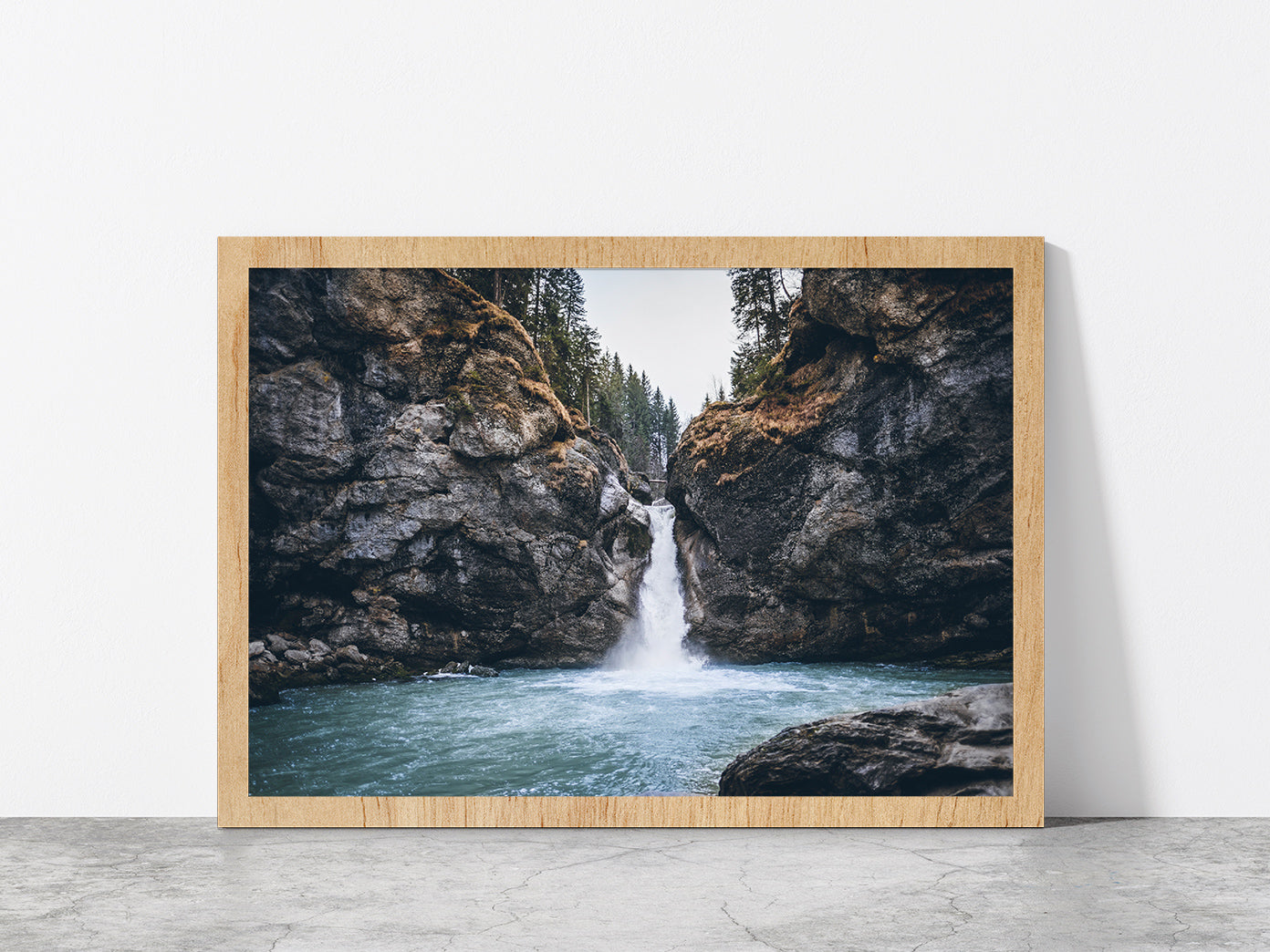 Forest In a Rocky Waterfall Glass Framed Wall Art, Ready to Hang Quality Print Without White Border Oak