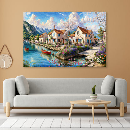 Oil Painting of a Small Town with Mountains Acrylic Glass Print Tempered Glass Wall Art 100% Made in Australia Ready to Hang