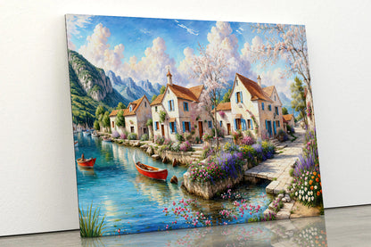 Oil Painting of a Small Town with Mountains Acrylic Glass Print Tempered Glass Wall Art 100% Made in Australia Ready to Hang