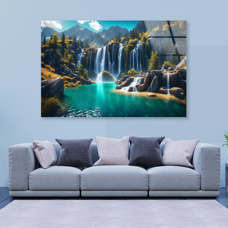 Waterfall, Mountains & Clear Blue Sky Acrylic Glass Print Tempered Glass Wall Art 100% Made in Australia Ready to Hang - Bella Home Decor