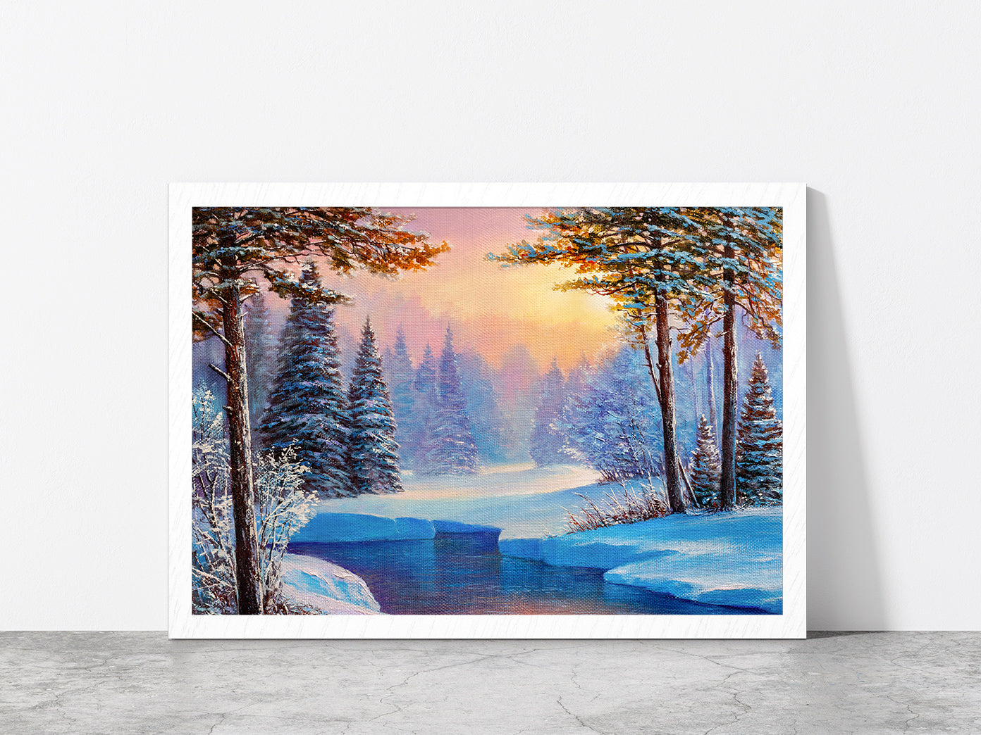 Winter Landscape With The River Glass Framed Wall Art, Ready to Hang Quality Print Without White Border White