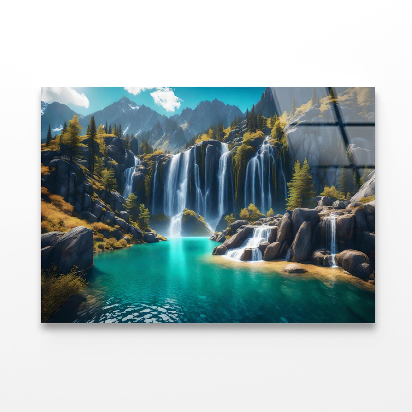 Waterfall, Mountains & Clear Blue Sky Acrylic Glass Print Tempered Glass Wall Art 100% Made in Australia Ready to Hang - Bella Home Decor