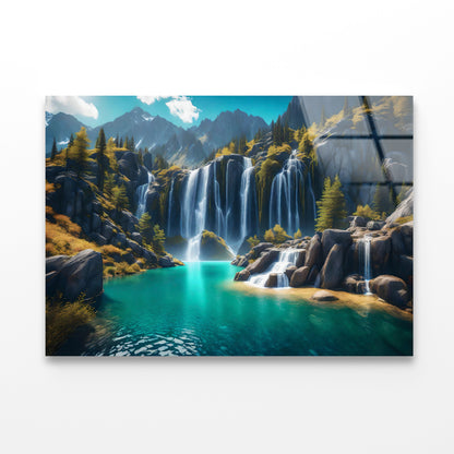 Waterfall, Mountains & Clear Blue Sky Acrylic Glass Print Tempered Glass Wall Art 100% Made in Australia Ready to Hang - Bella Home Decor