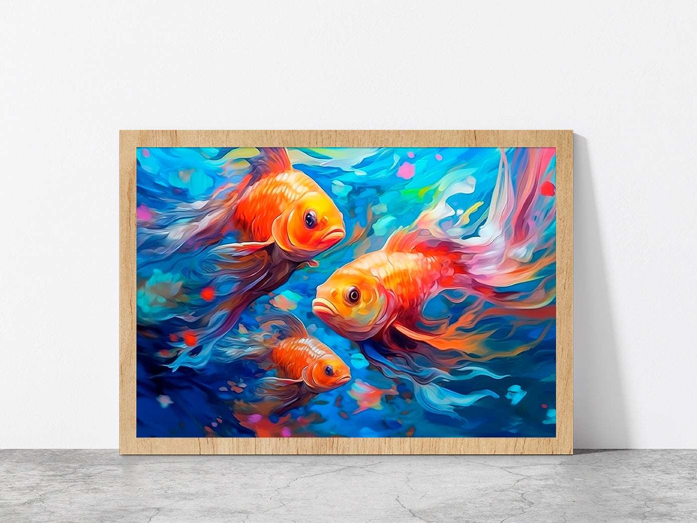 Underwater World With Beautiful Fishes Glass Framed Wall Art, Ready to Hang Quality Print Without White Border Oak