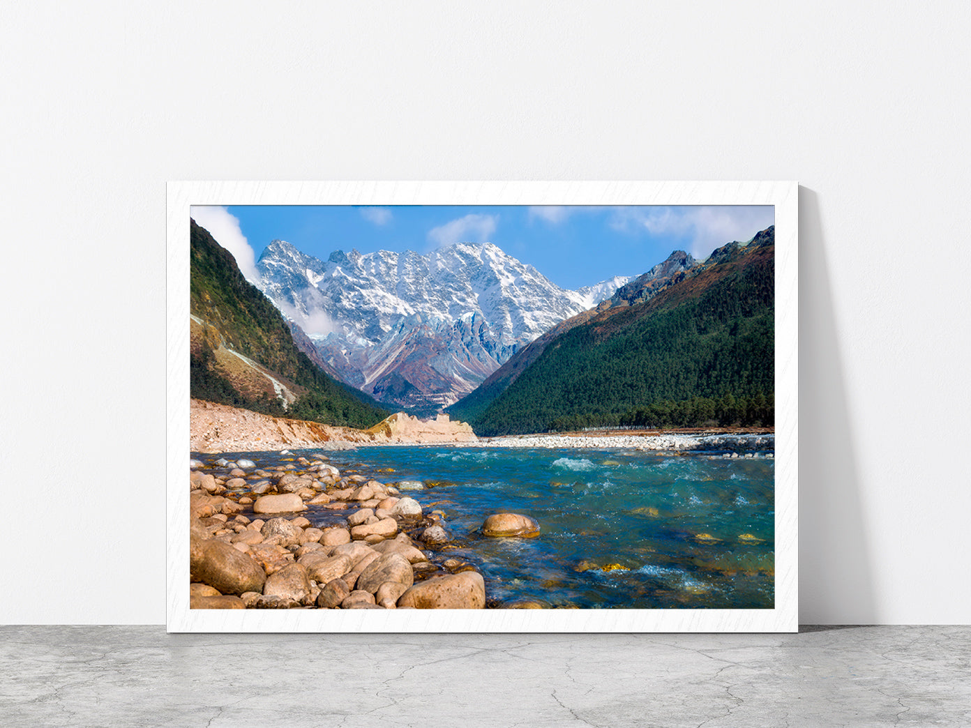 Yumthang Valley With River Teesta Glass Framed Wall Art, Ready to Hang Quality Print Without White Border White