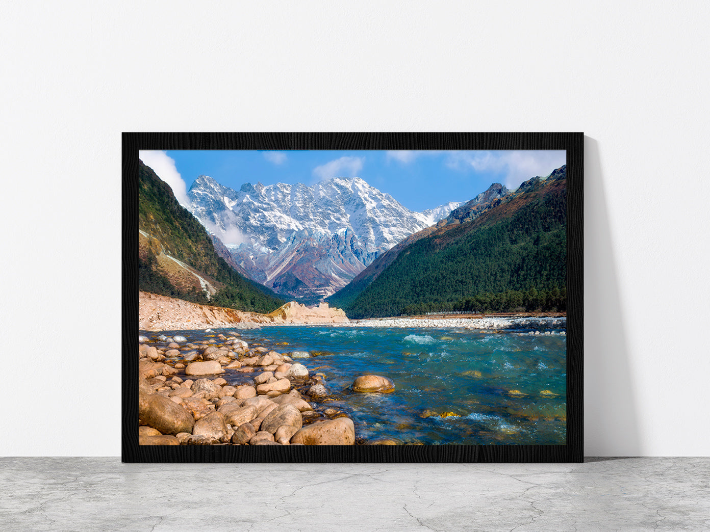 Yumthang Valley With River Teesta Glass Framed Wall Art, Ready to Hang Quality Print Without White Border Black